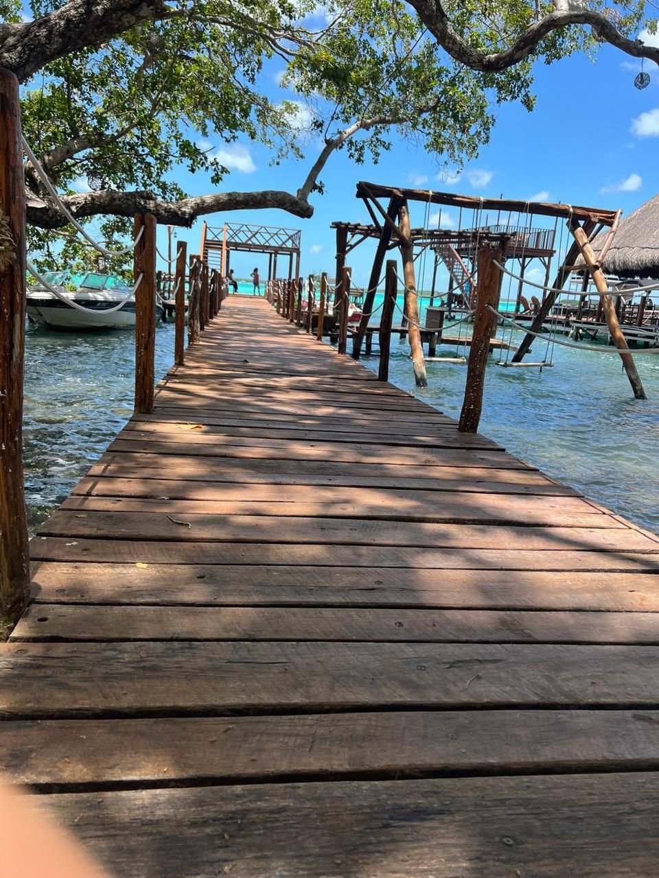 Pasarela de madera sobre el agua turquesa con palmeras, muelle y palapas en Bacalar