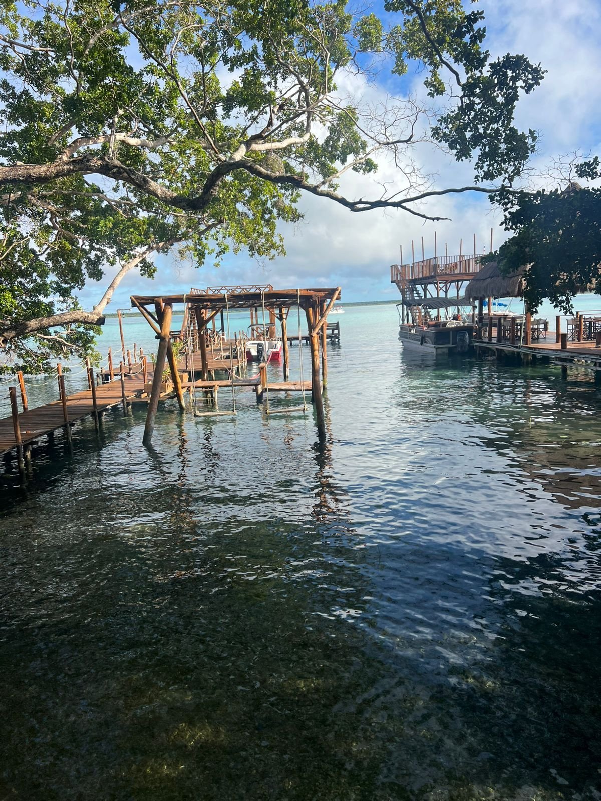 Estructuras de muelle de madera sobre el agua turquesa y cristalina, con árboles frondosos y cielo azul en la laguna de Bacalar