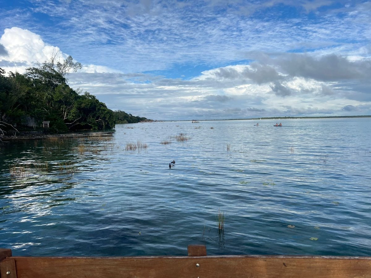 Bahía tranquila con agua azul, orilla con árboles, nubes blancas y lanchas a lo lejos en Bacalar